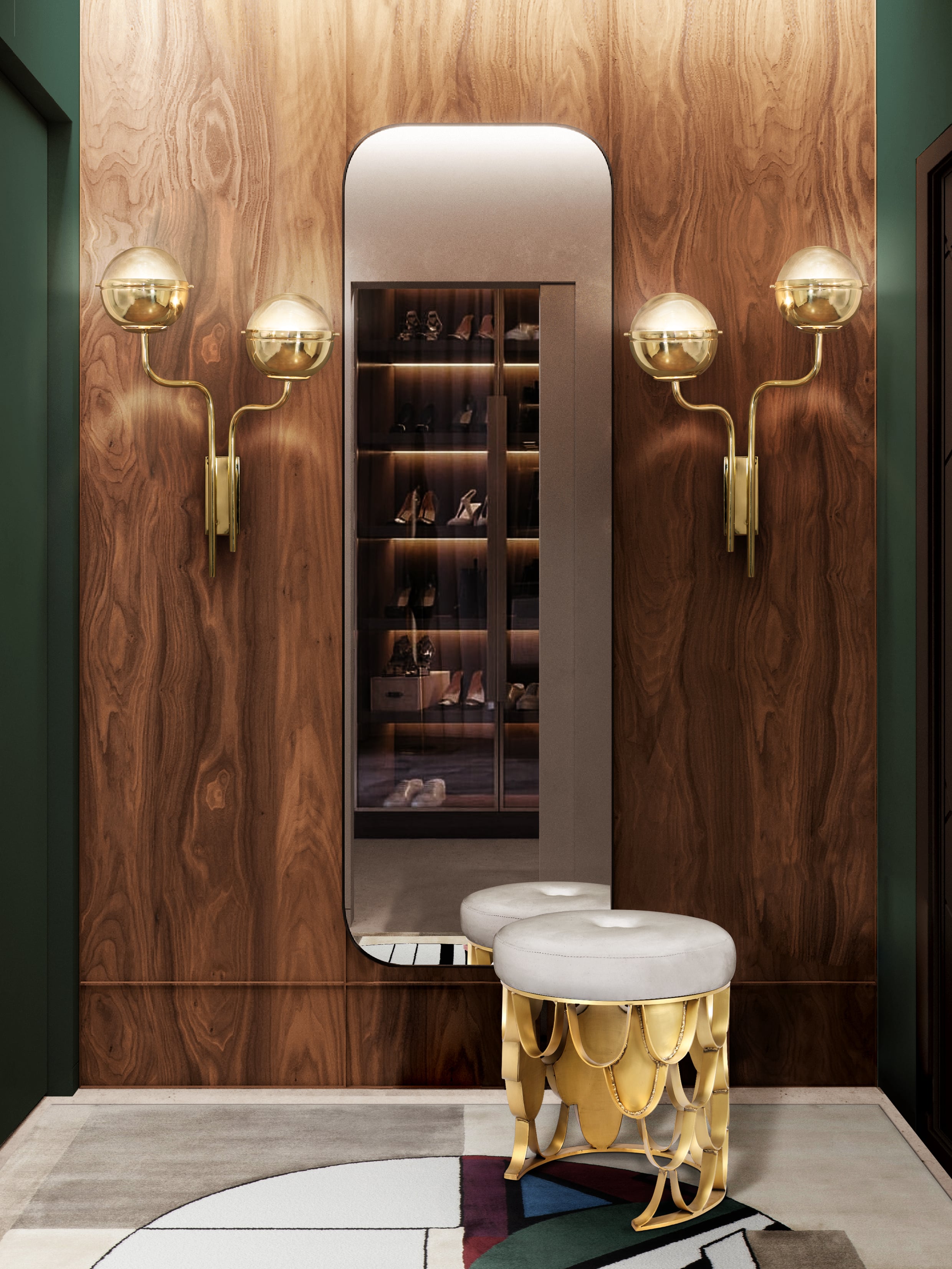 Modern Midcentury Closet Design with Double Sconce Wall Light in Gold Plated Brass - Home'Society