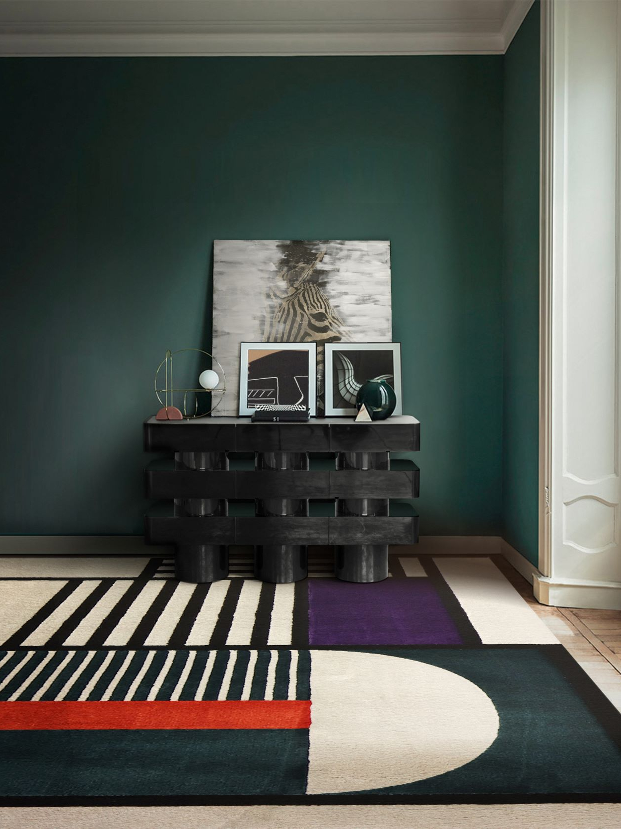 Modern Contemporary Entryway Design with Rectangular Rug and Black and White Console - Home'Society