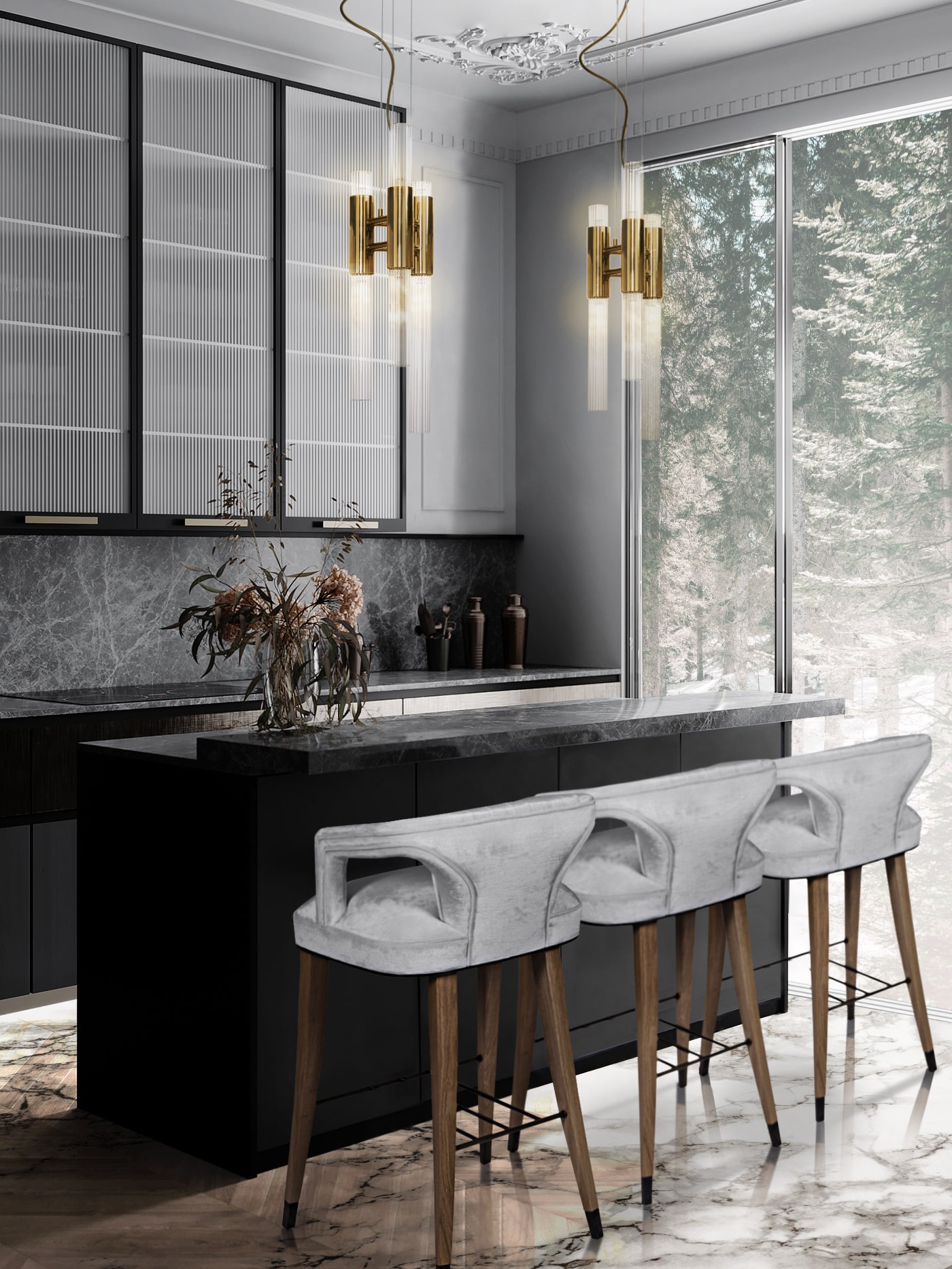 Modern Kitchen Design with Marble Counters and White Counter Stools - Home'Society
