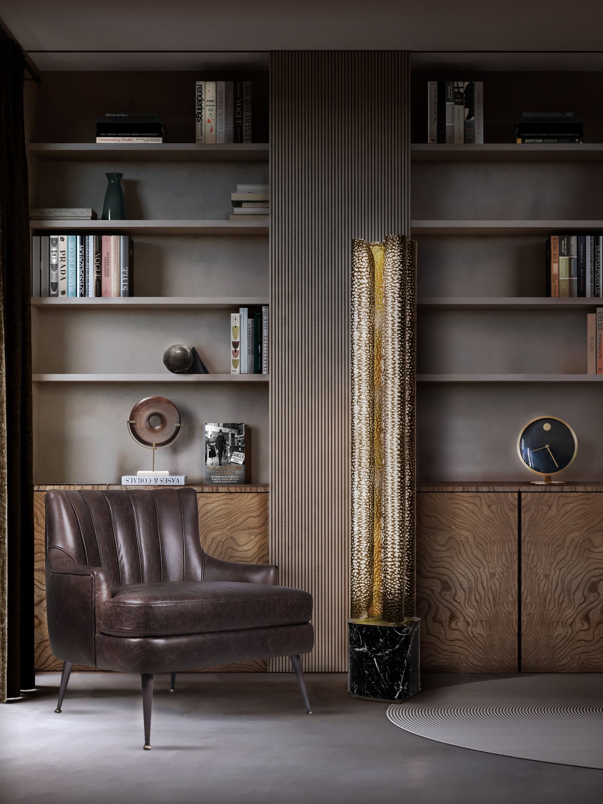 Mid-Century Office Corner with Gold Floor Lamp - Home'Society