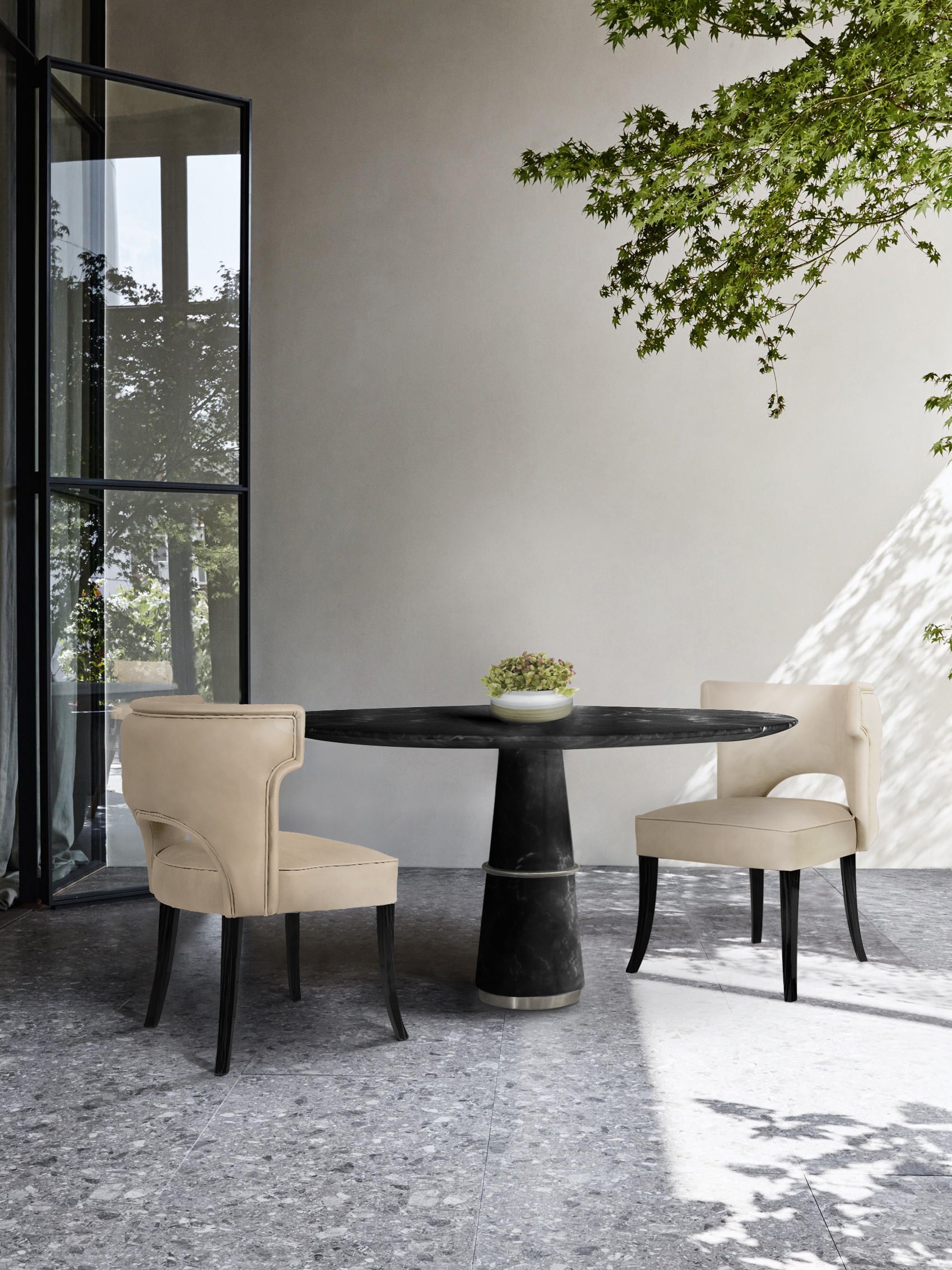 Modern Dining Room in Monochrome Tones with Black Marble Dining Table - Home'Society