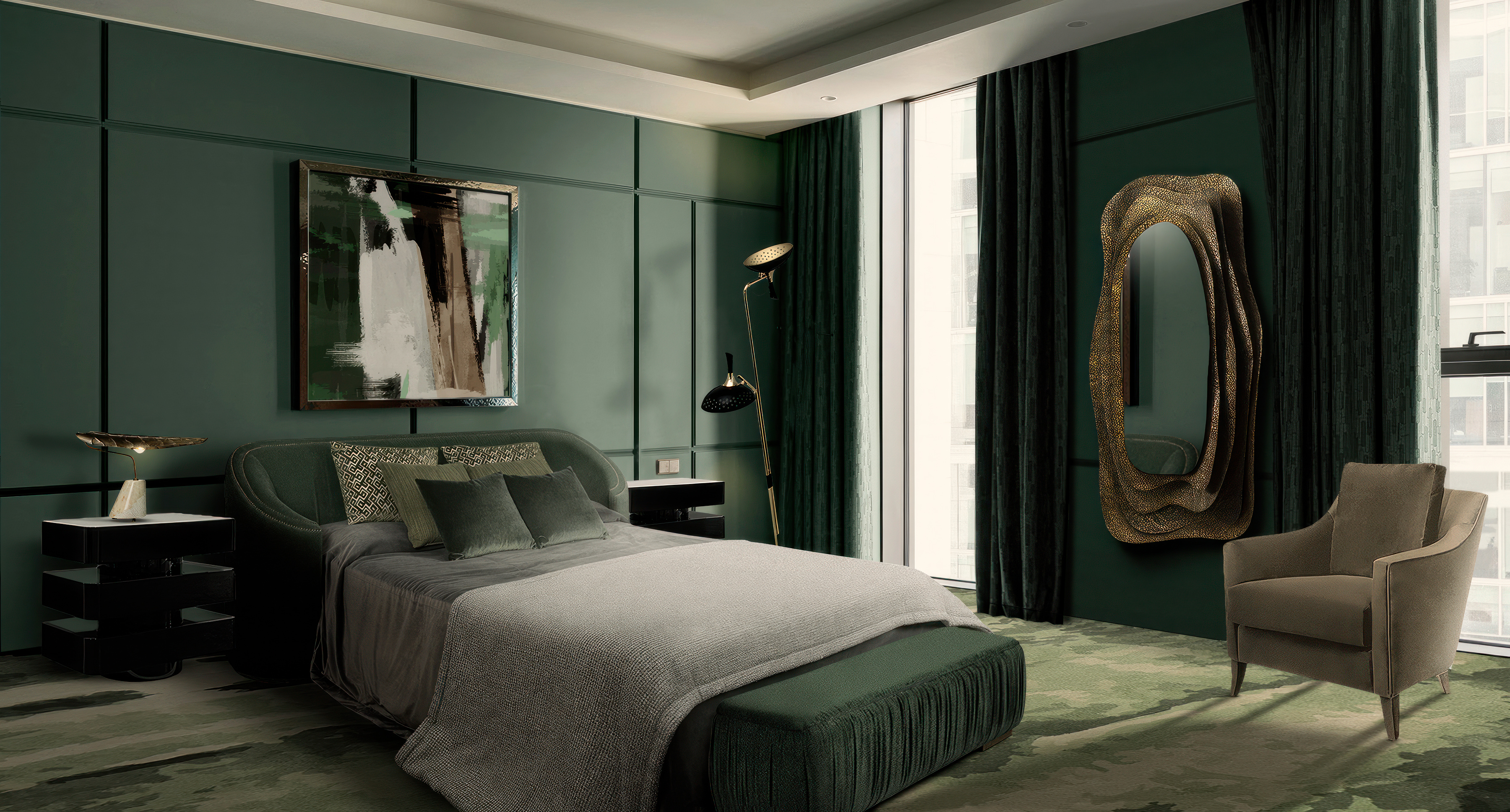 Modern Bedroom with Mirrored Walls: A Greenish Sophisticated and Luxurious Room - Home'Society