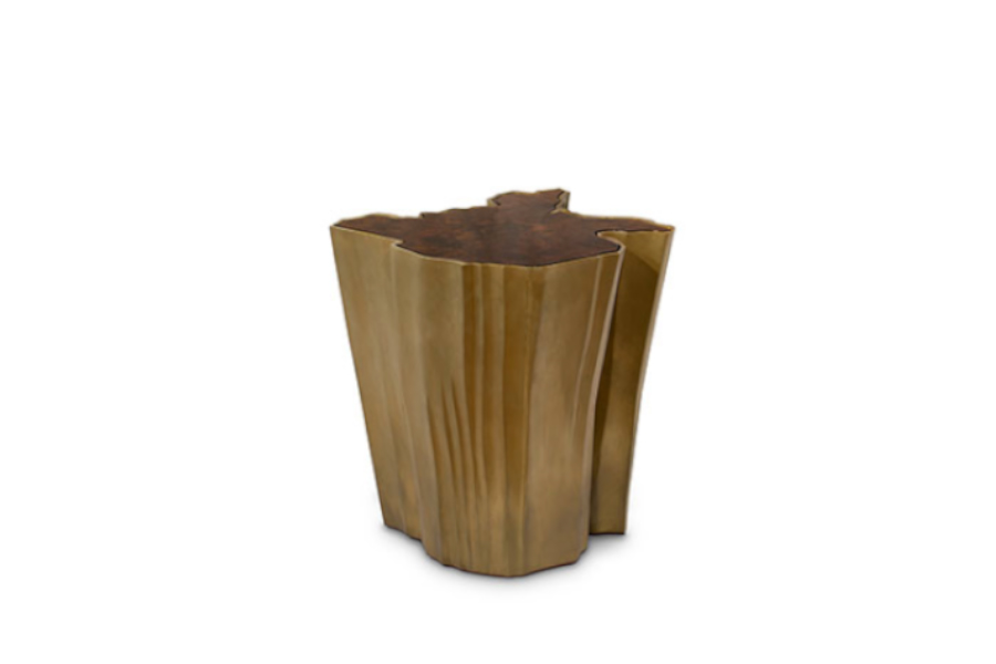 Sequoia Walnut Root Venner with a Base in Brass with Aged Patina Accent Table