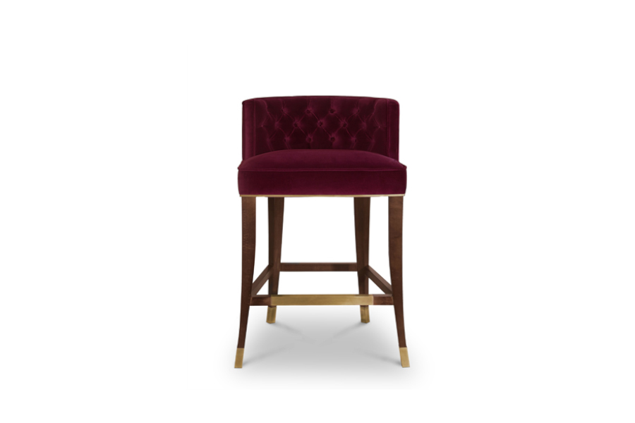 Bourbon Velvet Counter Stool with Wood Legs and Brass Details Modern Classic