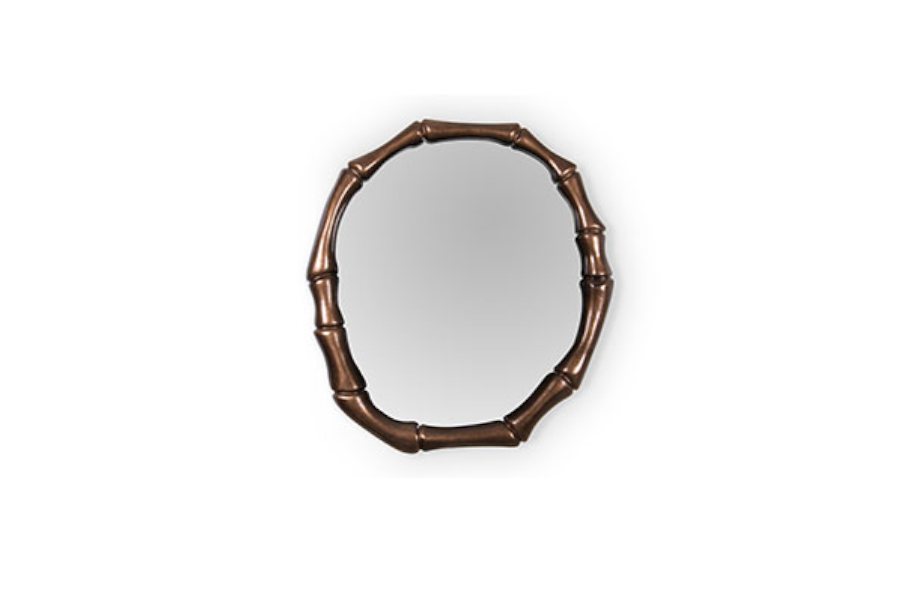 Haiku Round Mirror In Wood Covered With Glossy Copper