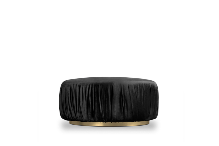Ella Velvet Upholstered Puff with Polished Brass Ring Base Modern Design