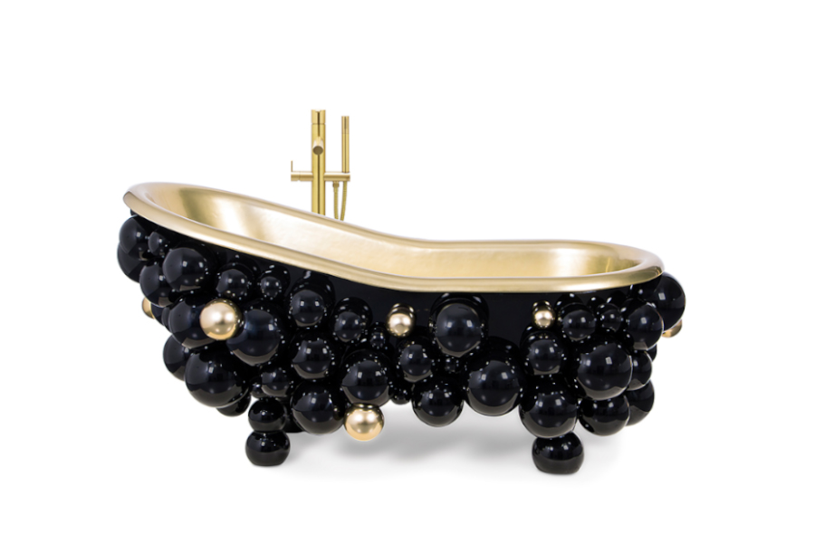 Newton Lip Shaped Bathtub Gold Painted Casted Iron and High Gloss Black Spheres