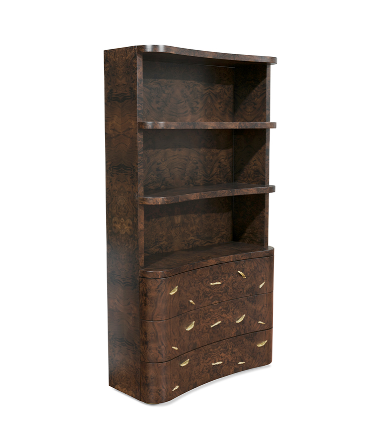 Baraka Bookcase - In Matte Walnut Root Veneer And Aged Matte Brass - Home'Society