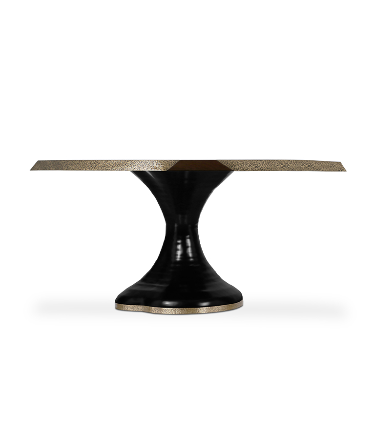 Plateau Dining Table - Round Wood with Brass Details and Black Lacquer Base - Home'Society