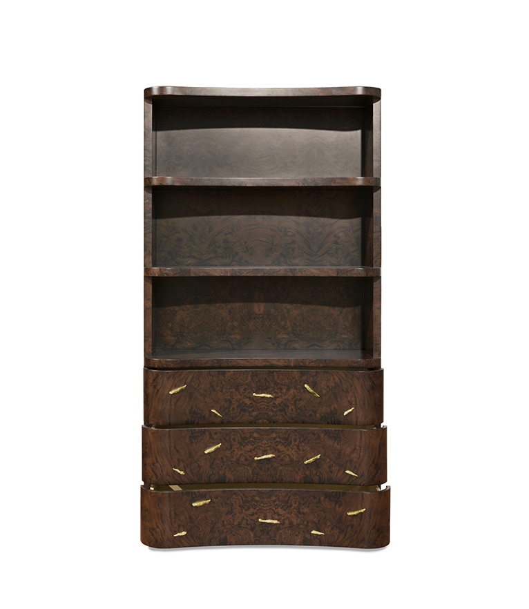 Baraka Bookcase - In Matte Walnut Root Veneer And Aged Matte Brass - Home'Society