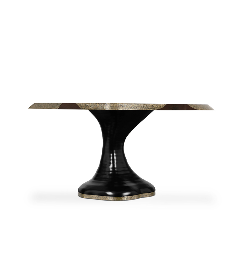 Plateau Dining Table - Round Wood with Brass Details and Black Lacquer Base - Home'Society
