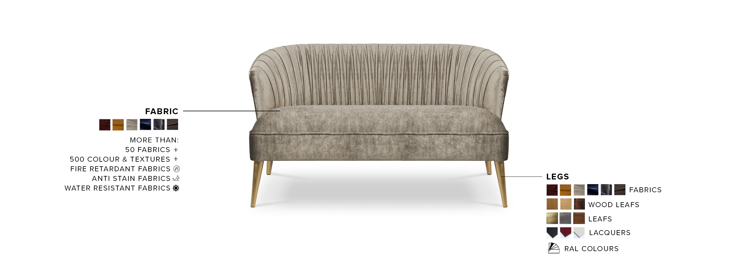Nuka 2 Seat Sofa - Upholstered In Velvet With Legs In Glossy Gold Leaf - Home'Society
