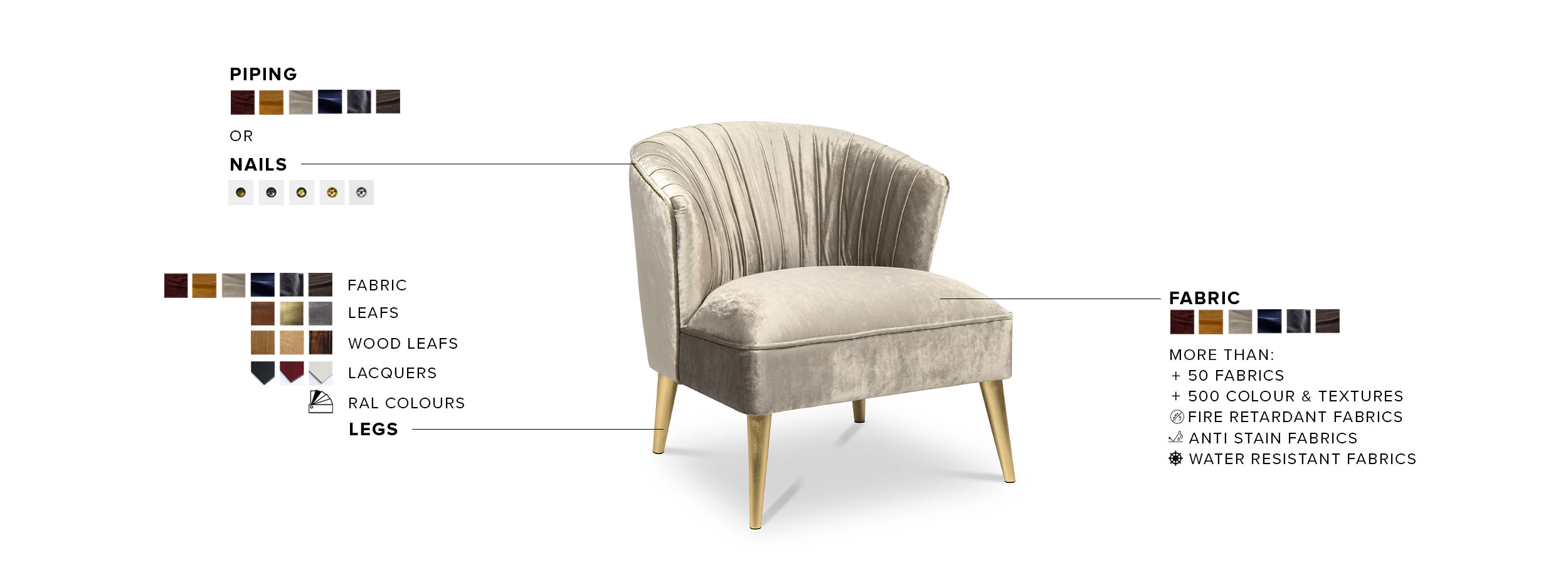Nuka Armchair - Grey Velvet Curved Back with Glossy Gold Legs - Home'Society