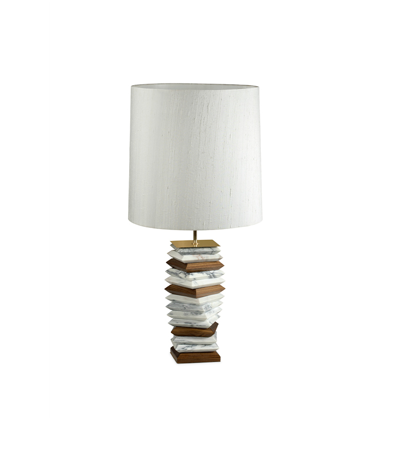 Apache Table Lamp - in Marble Wood and Brass with Satin Lampshade - Home'Society