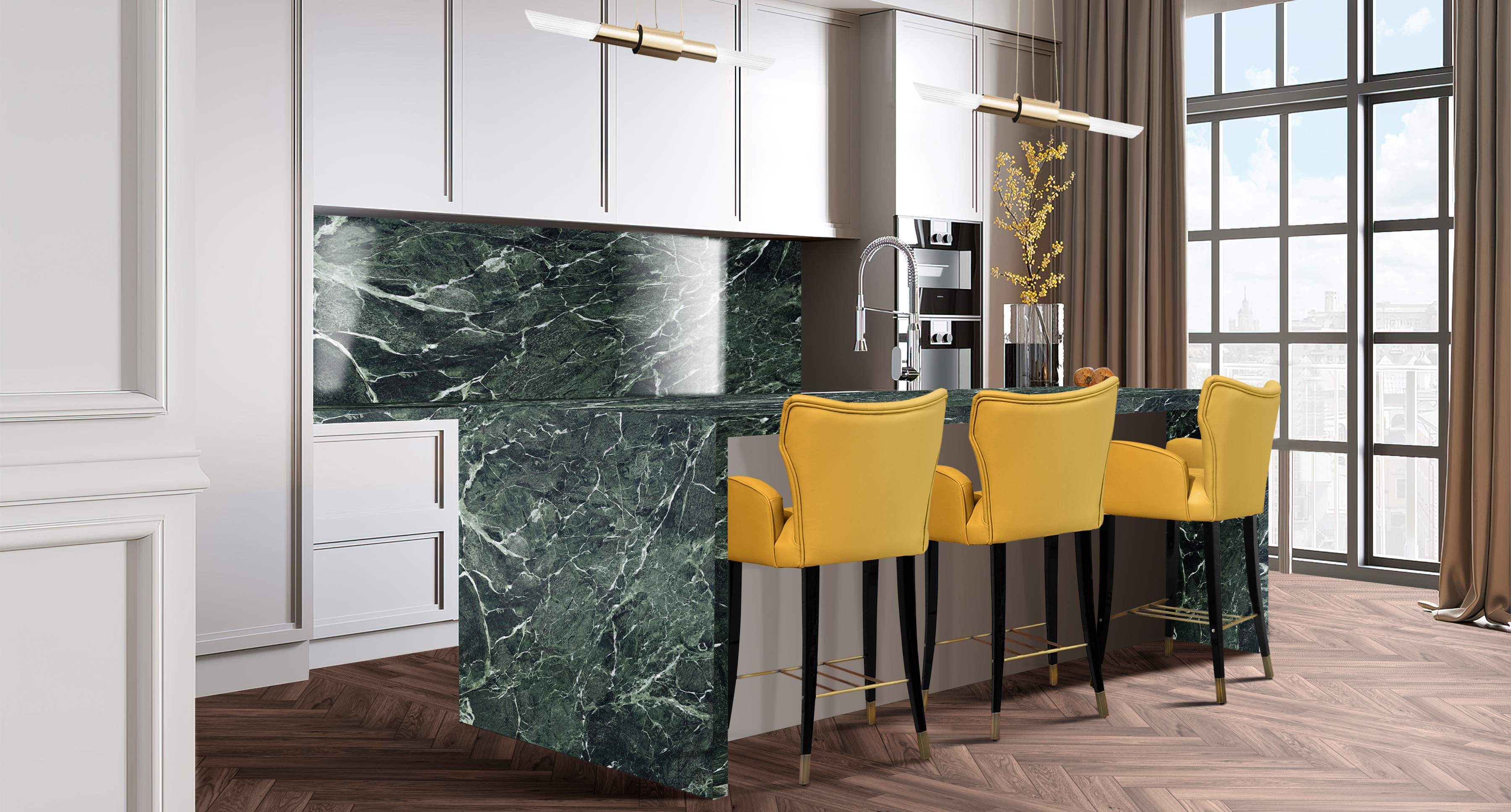 Modern Kitchen Design with yellow counter stools - Home'Society