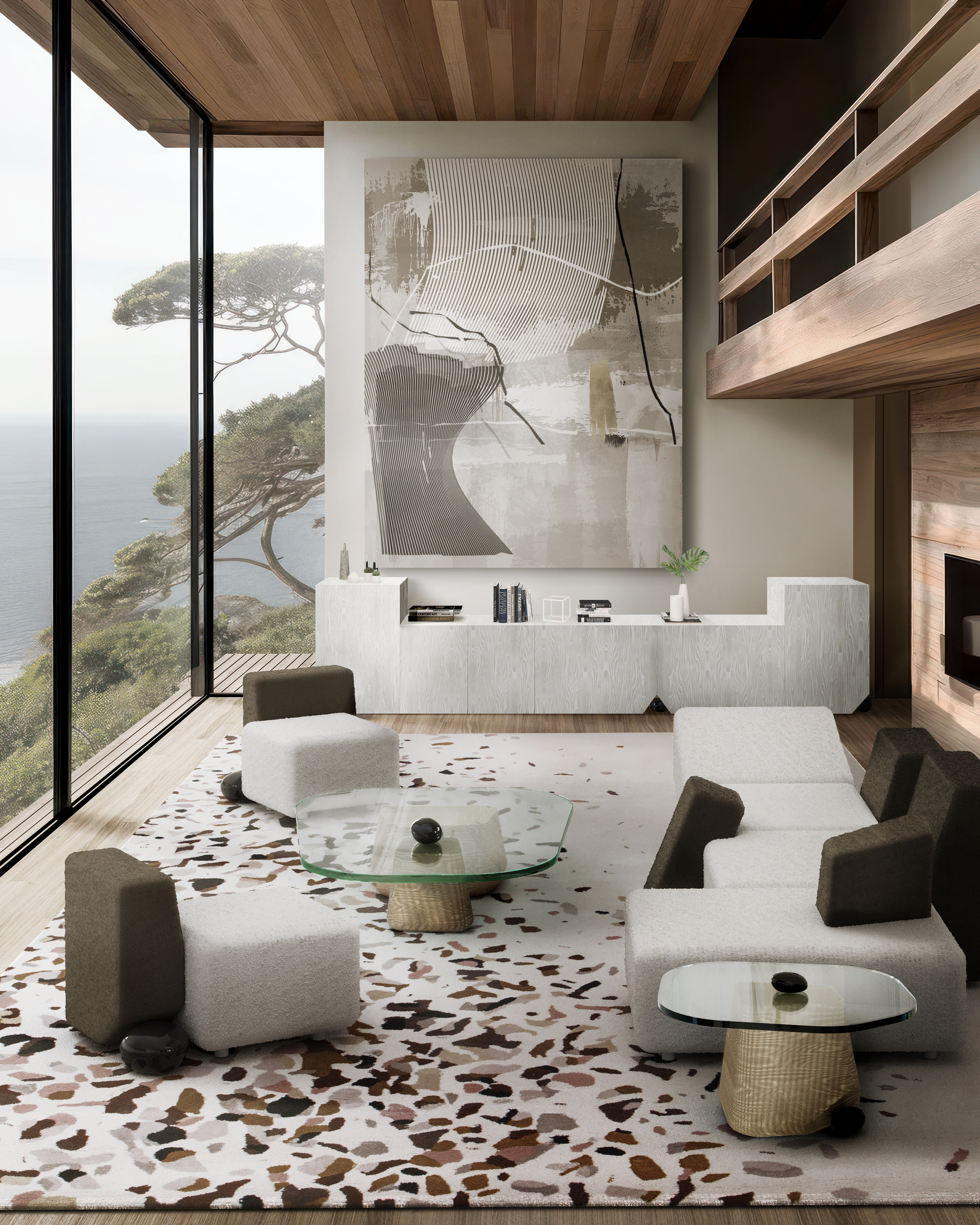 Cozy Minimal Living Room With Terrazzo Rug - Home'Society