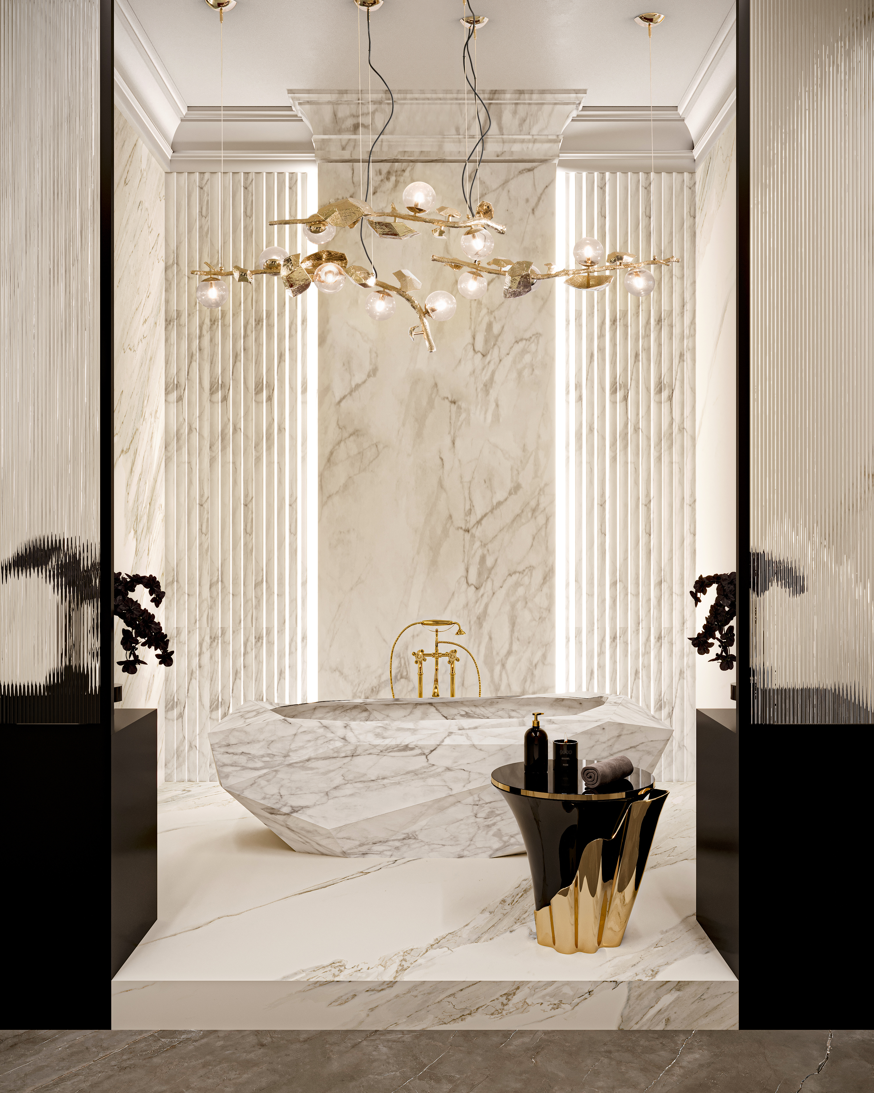 Luxurious Marble Bathroom With Golden Accents And Elegant Decor - Home'Society