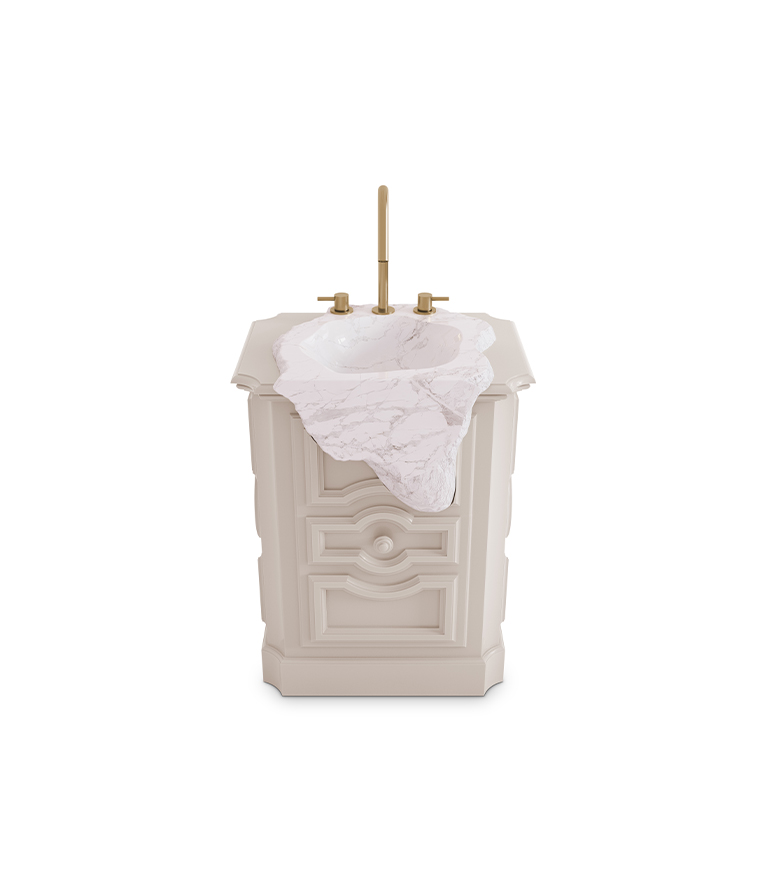 Petra Pedestal Sink: Estremoz Marble and High Gloss Black Wood - Home'Society