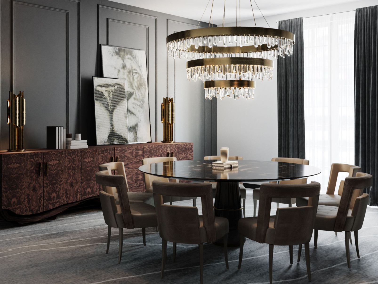 Elegant Dining Room With An Aged Brushed Chandelier - Home's Society