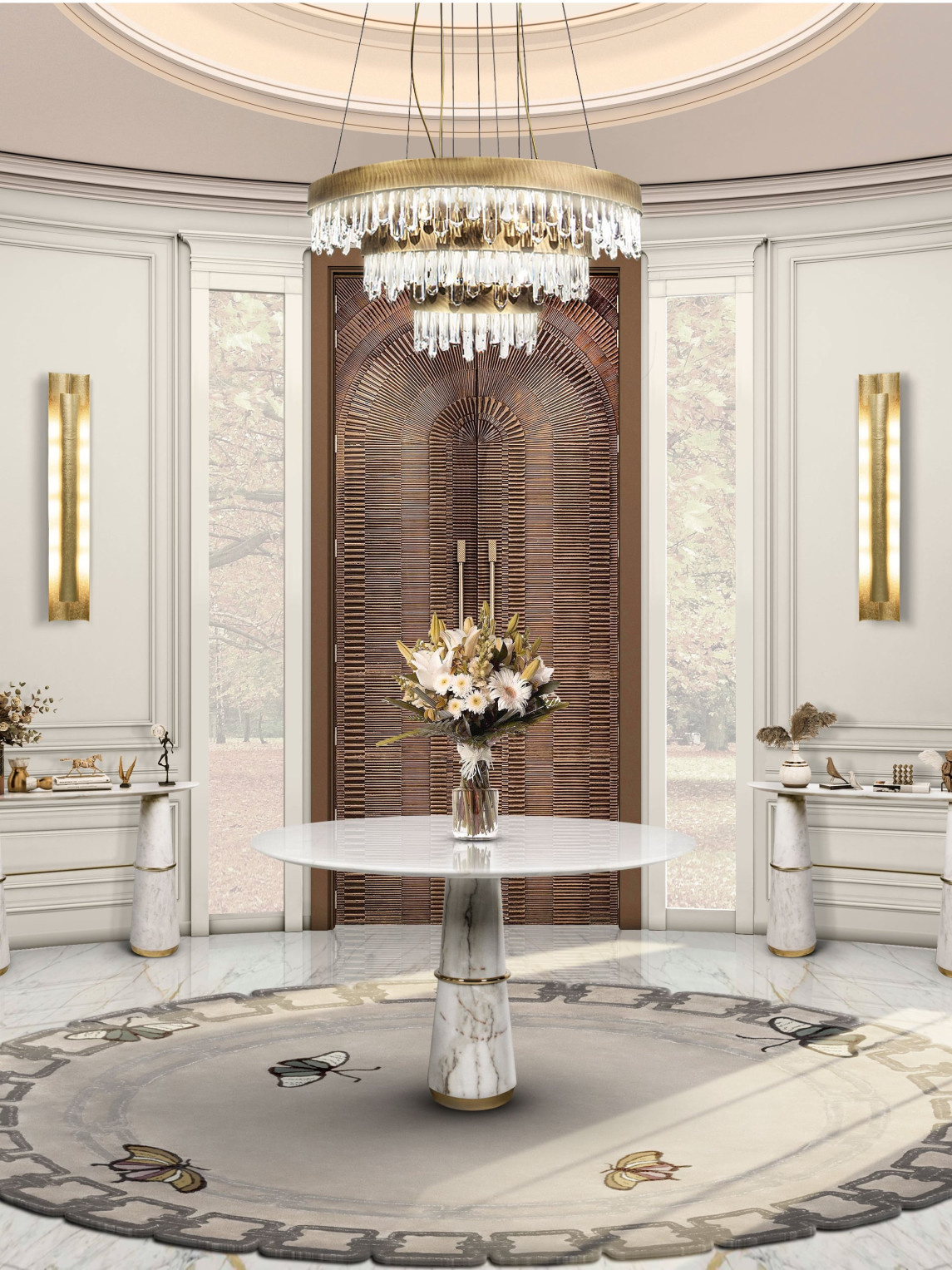 White Hallway Interior Design With White Marble Table - Home's Society