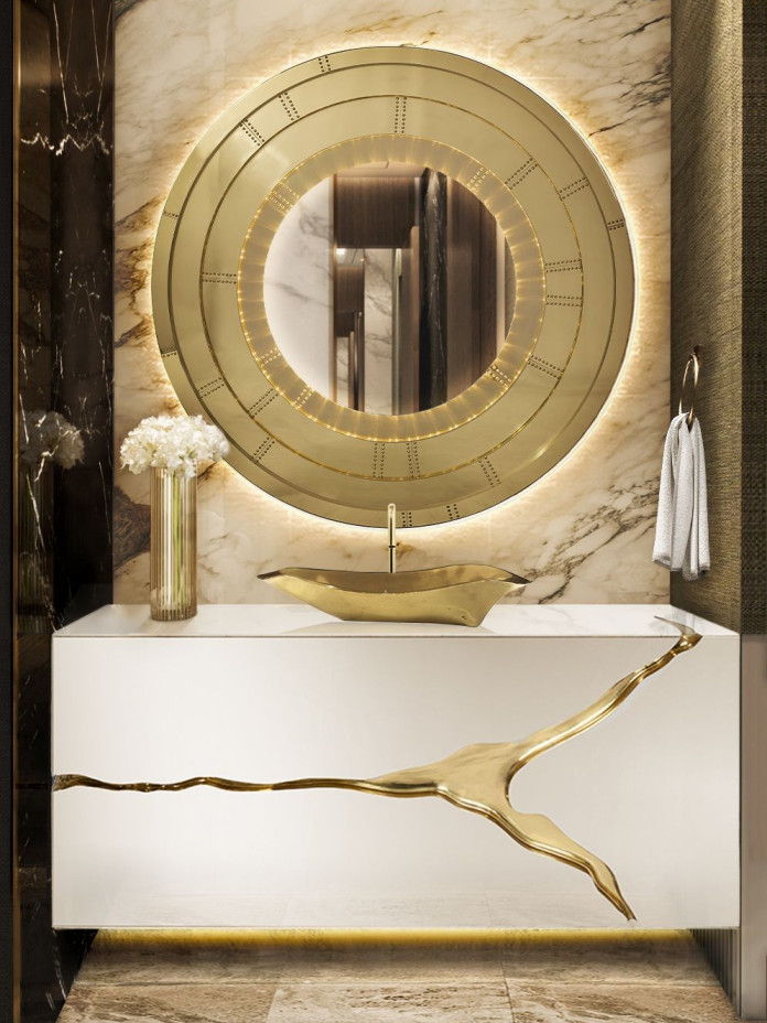 Golden Luxury Bathroom Design With Golden Round Mirror - Home's Society