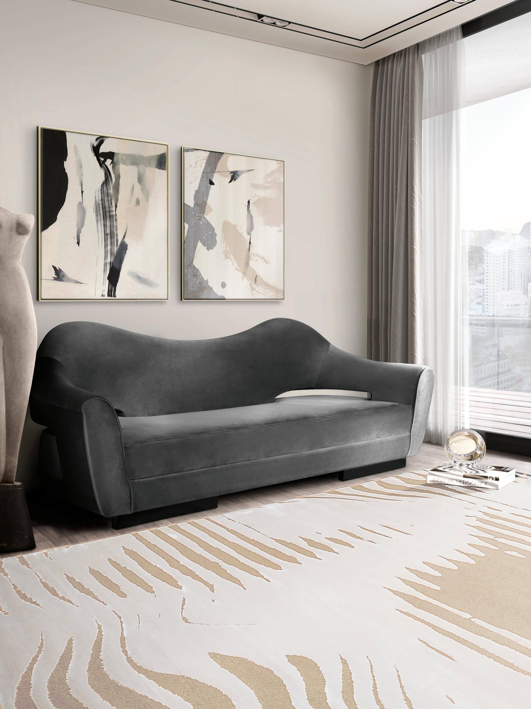 Modern Living Room With Grey Velvet Couch - Home's Society