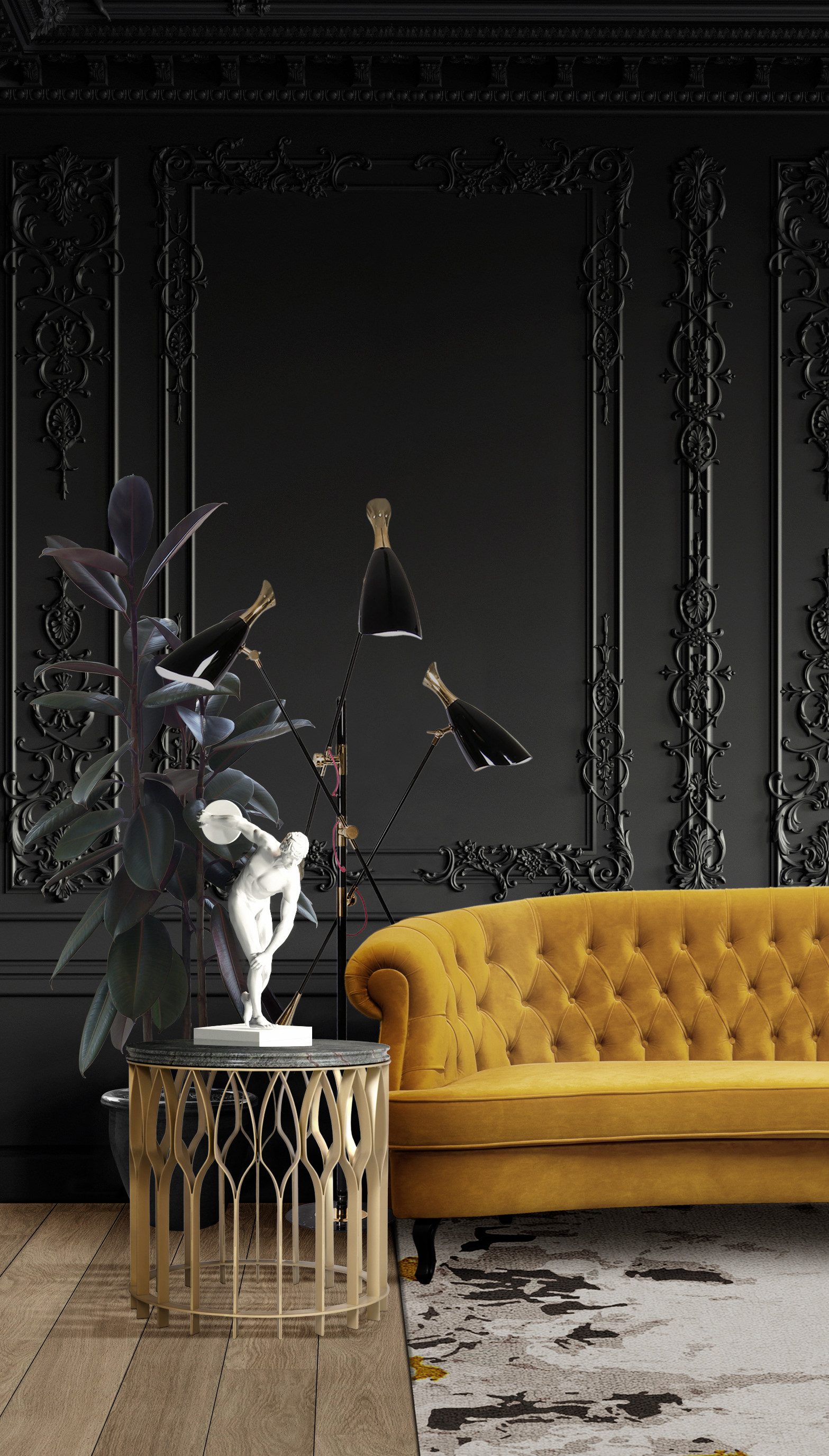Luxurious Dark Living Room With A Vibrant Yellow Sofa - Home's Society