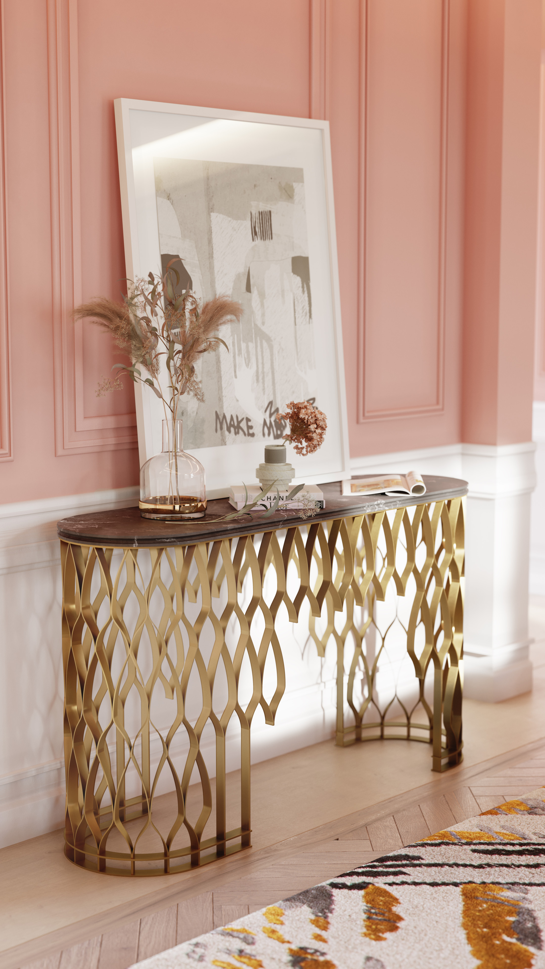 Pink Hallway Design With Mecca Console Table - Home's Society